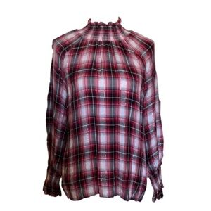June and Delancey Plaid Top Mock Turtle Neck Size S Black Red White & Silver

@5